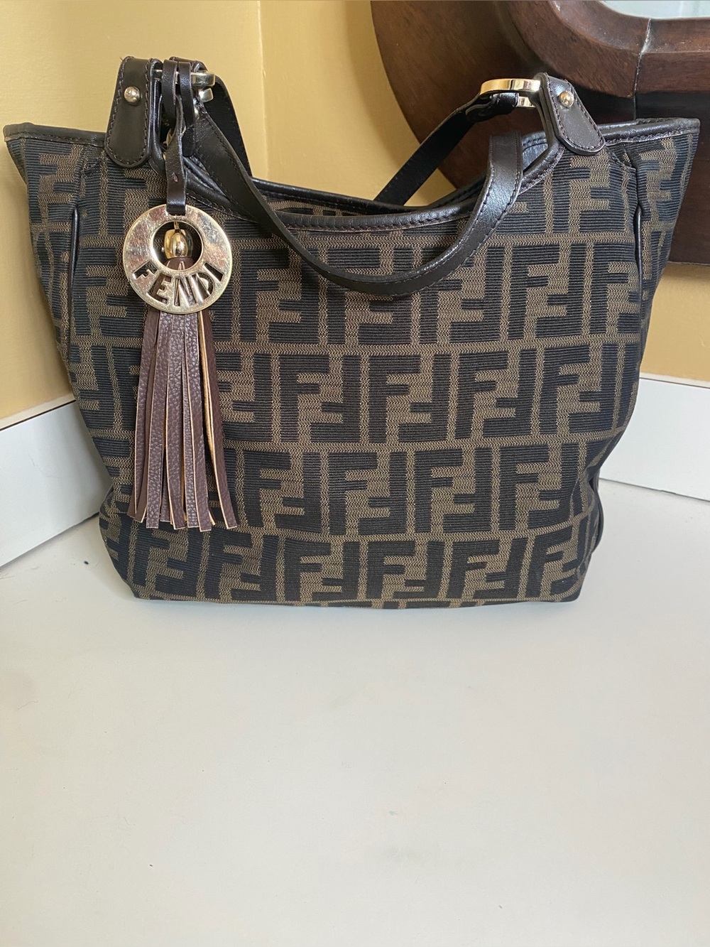 Fendi Brown & Tan Zucca FF Logo Tote with Tassel Charm